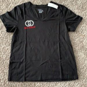 Black tee w/ “God is good ‘ rhinestone decor